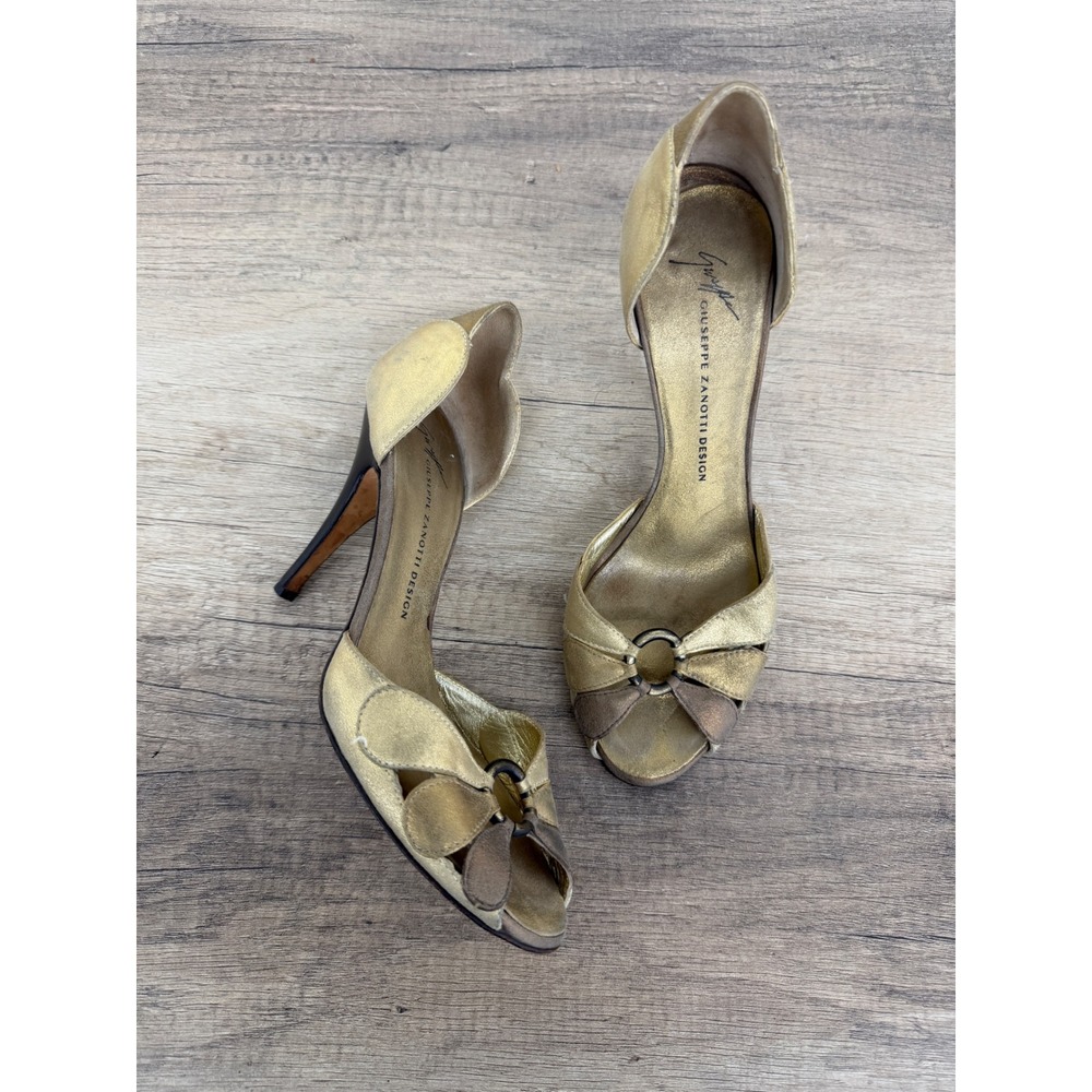 Giuseppe Zanotti Gold Metallic Peep Toe d'Orsay Heels Size 36 Made in Italy